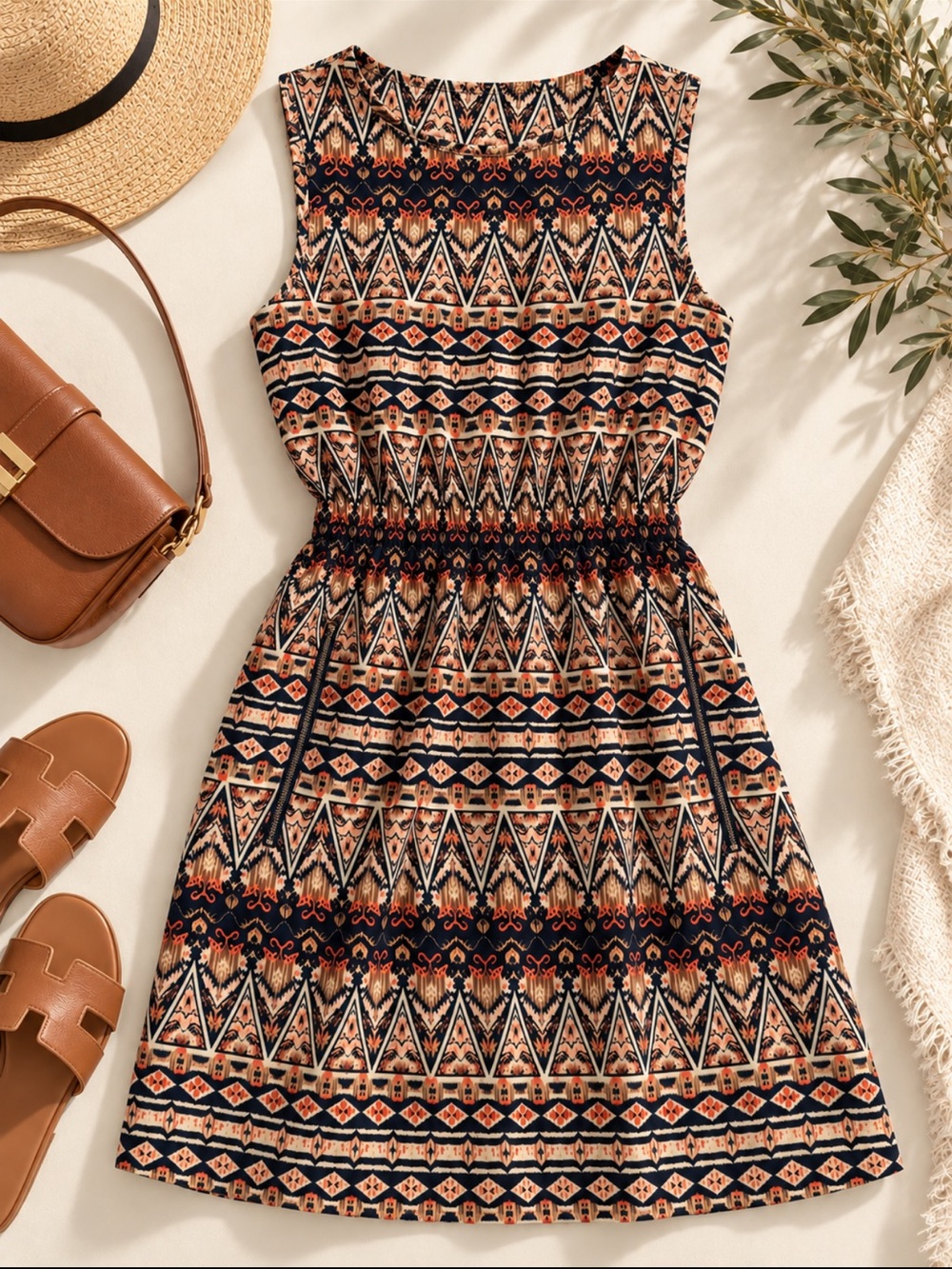 Suzy Shier Navy, Cream & Rust Tribal Print Sleeveless Dress